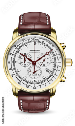 Realistic watch clock chronograph white face gold red brown leather strap on white design classic luxury vector