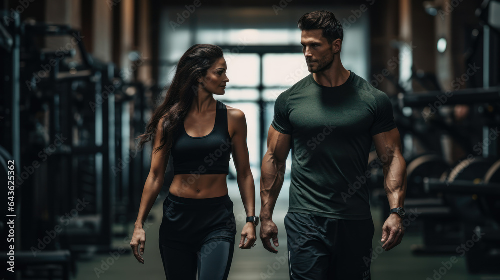 A fit couple walking in the gym A fit couple walking in the gym