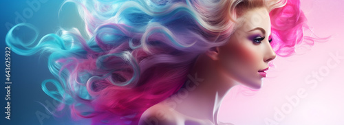 Colorful banner with beautiful woman with wavy duotone hair in pink and blue. Seapunk vaporwave style. Hair salon beauty shop banner template. Cosmetics fashion concept photo