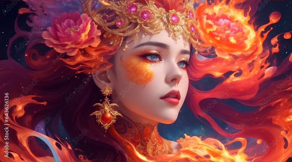 Abstract portrait of A beautiful girl with flower-adorned hair, surrounded by a captivating fusion of fire and water.