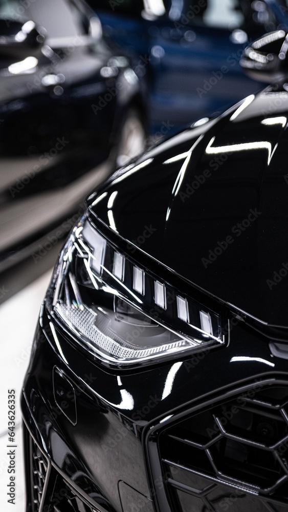 Beautiful shiny paint on a black car after applying a ceramic coating in a car detailing studio