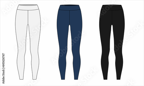 Set of leggings isolate on a white background. Pattern of women's leggings in blue, white and black colors. Sketch of sweatpants made of elastic fabric. Sketch Thermal underwear for women.