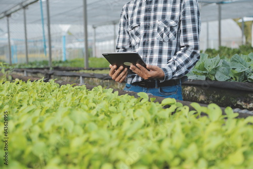 In the Industrial Greenhouse Two Agricultural Engineers Test Plants Health and Analyze Data with Tablet Computer.