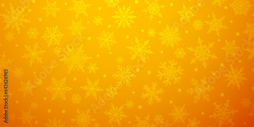 Christmas background of beautiful complex snowflakes in yellow colors. Winter illustration with falling snow