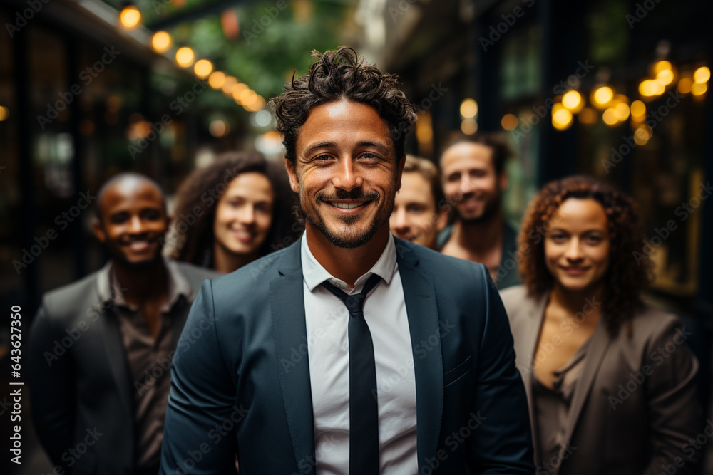 Portrait of laughing business team standing in office a man on front and the other team members on this back Portrait of laughing business team standing in office a man on front and the other team members on this back