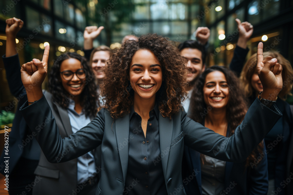 Portrait of laughing business team standing in office a man on front and the other team members on this back Portrait of laughing business team standing in office a man on front and the other team members on this back