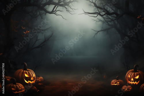 Halloween pumpkins in graveyard on the spooky Night. Halloween background concept.
