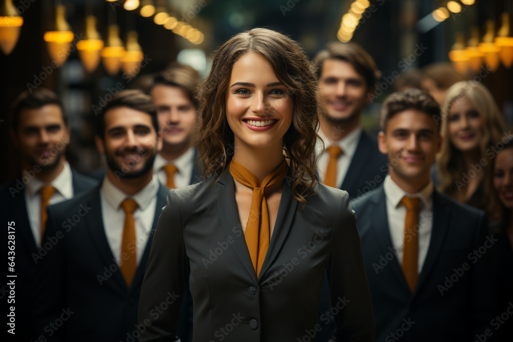 Portrait of laughing business team standing in office a man on front and the other team members on this back Portrait of laughing business team standing in office a man on front and the other team members on this back