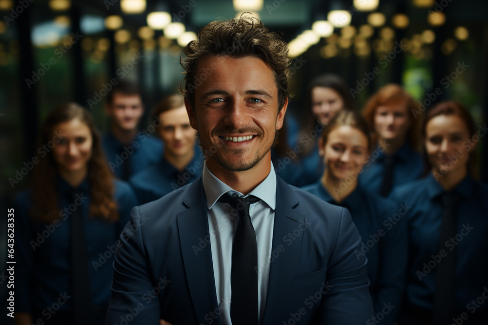 Portrait of laughing business team standing in office a man on front and the other team members on this back Portrait of laughing business team standing in office a man on front and the other team members on this back