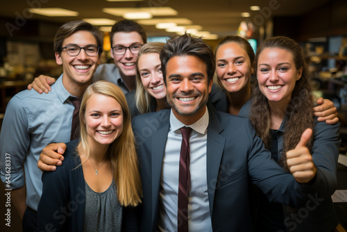 Portrait of laughing business team standing in office a man on front and the other team members on this back