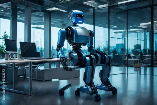 A working robot sitting in a modern office
