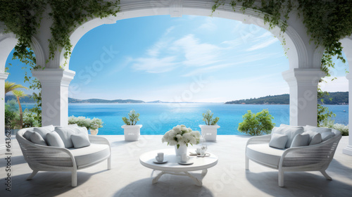 A summertime terrace view overlooking the Mediterranean's azure sea.