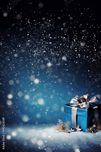 Christmas blue gift box with snowflake background. New year concept