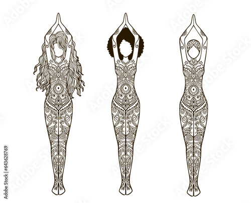 Yoga Girl with Mandala Set. Ornamental feminine Lotus meditation. Vector illustration on ethnic style. International yoga day card. Pose woman