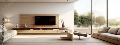 A modern living room interior featuring a TV with a minimalist design.