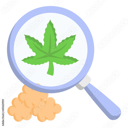 Analyzing Hemp Strains with magnifying glass concept, weed botanical research vector color icon design, Cannabis and marijuana symbol, thca and cbdasign, recreational herbal drug stock illustration
