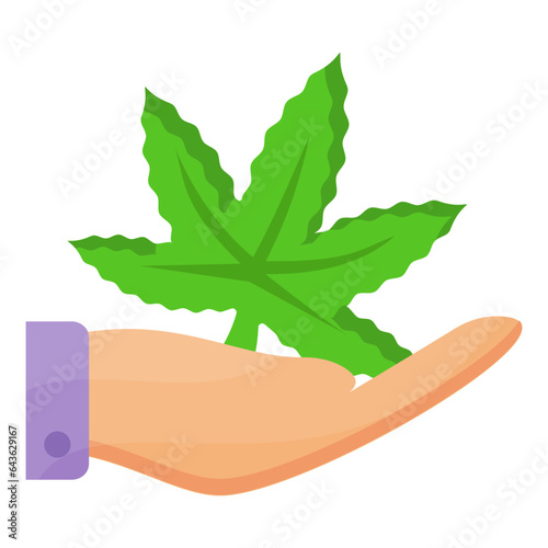 Hand Holding Hash Leaf concept, Hemp Plant Care vector color icon design, Cannabis and marijuana symbol, thca and cbdasign, recreational herbal drug stock illustration