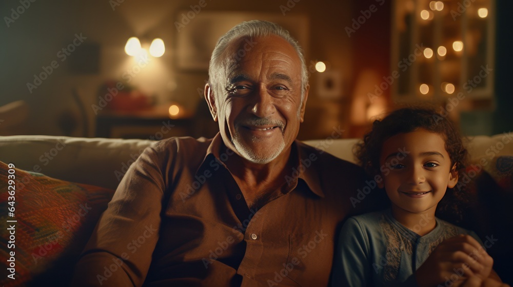 Happy grandfather with his grandchildren sitting in couch at home