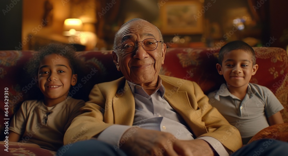 Happy grandfather with his grandchildren sitting in couch at home