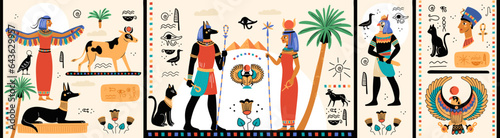 Ancient Egypt horizontal papyrus. Pyramids mural. Pharaohs history. Gods mythology. Lost civilization. Sacred cat or scarab. Old hieroglyphs. Egyptian elements. Garish vector poster