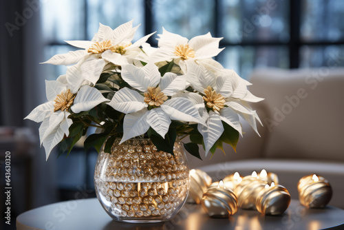 White christmas poinsettia flowers star in vase on the table in living room in holiday lights background