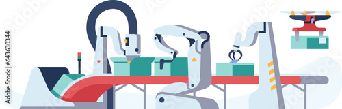 Assembly line. Automatic robotic production. Robotic packaging machines with crane manipulators. Delivery drone with box. Manufacturing automation conveyor. Vector factory equipment