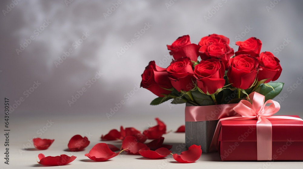 Beautiful background with a bouquet of roses and a gift