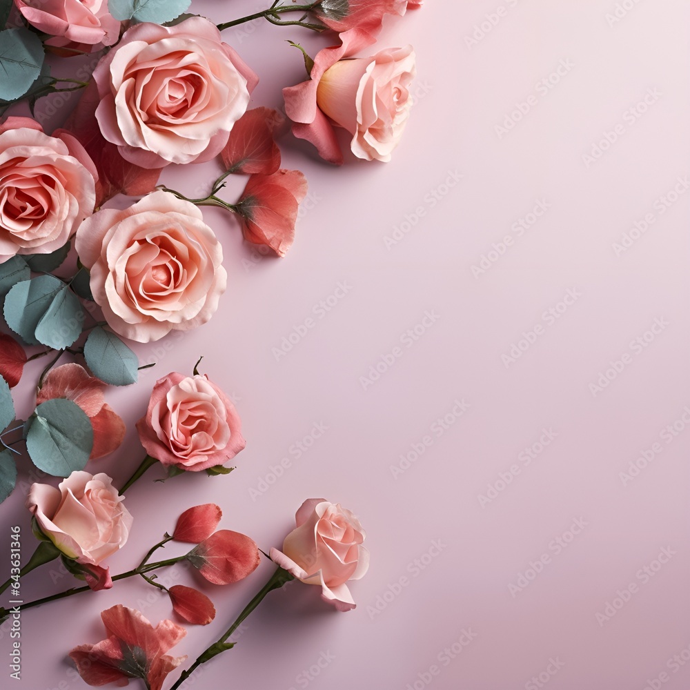 collection of pink roses background copy space, ai generative