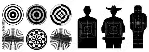 Black silhouette targets. Crosshair shapes for weapon shooting. Training mockups. Darts boards. Concentric circles. Animals and people. Accuracy bullet hit. Snipers goals vector set