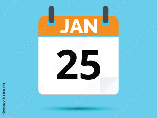 25 January. Flat icon calendar isolated on blue background. Vector illustration.