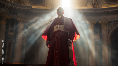 A cardinal inside a Vatican cathedral, bathed in the gentle sunlight rays. photo