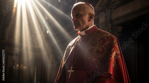 A cardinal inside a Vatican church, bathed in the radiant sunlight photo