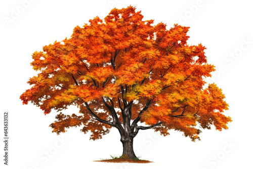 Sugar maple tree with vibrant orange and yellow leaves isolated on transparent background - high quality PNG