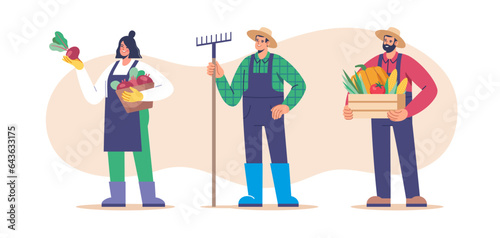 Farming and agriculture, harvesting. Characters dressed In work clothes with fresh vegetables and tools. Agriculture farm workers. Vector illustration for mobile and web graphics.