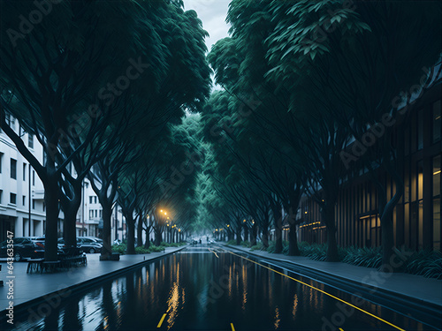 Eco-friendly cityscape with trees along streets and sidewalks, which help absorb rainwater. AI Generated