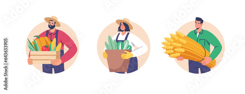 Farming and agriculture, harvesting. Characters dressed In work clothes with fresh vegetables, wheat. Agriculture farm workers. Vector illustration for mobile and web graphics.