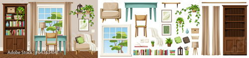 Room interior with a bookcase, a desk, an armchair, and a big window. Cozy home office interior design. Furniture set. Interior constructor. Cartoon vector illustration
