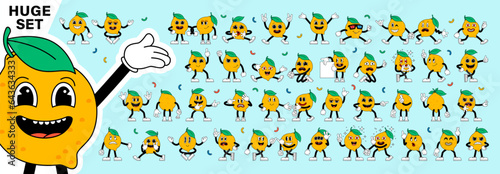 Huge set of retro cartoon stickers with funny comic Lemon characters, gloved hands. Contemporary illustration with cute comic characters. Comic lemon characters with arms and legs. Cartoon style set