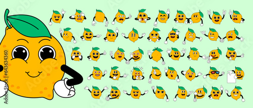 Mega set of retro cartoon stickers with funny comic Lemon characters, gloved hands. Contemporary illustration with cute comic characters. Comic lemon characters with hands. Cartoon style set