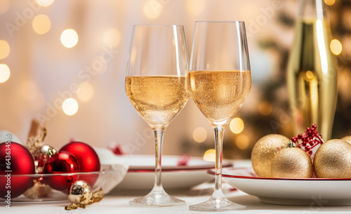 Festive New Year's table with champagne in glasses, beautiful dishes and Christmas decor © Mari