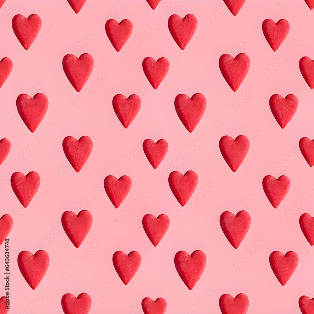 Romantic pattern with red hearts on pink background. 