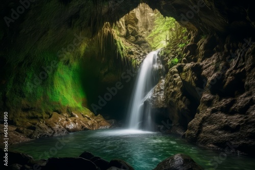 Cave waterfall tropical. Generate Ai