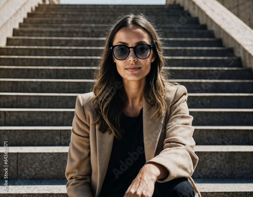 photo of beautiful woman with black bold glasses at staircase in front of building, generative AI © Flash