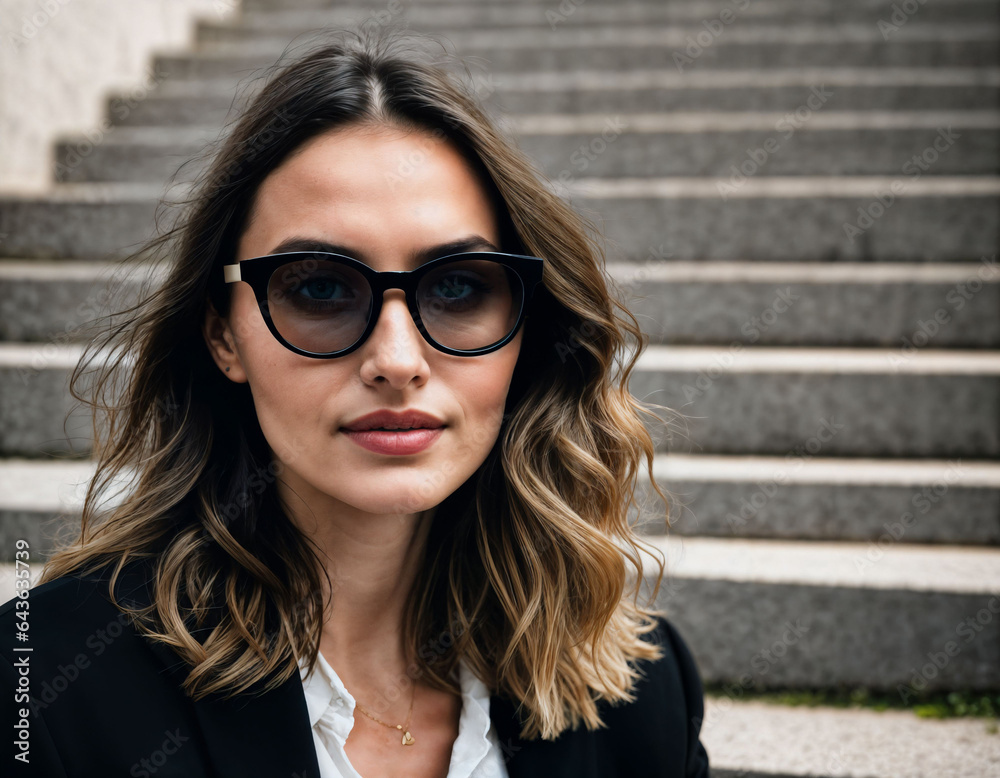 photo of beautiful woman with black bold glasses at staircase in front of building, generative AI photo of beautiful woman with black bold glasses at staircase in front of building, generative AI