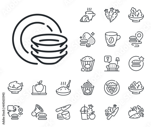 Tableware plates sign. Crepe, sweet popcorn and salad outline icons. Dishes line icon. Food kitchenware symbol. Dishes line sign. Pasta spaghetti, fresh juice icon. Supply chain. Vector