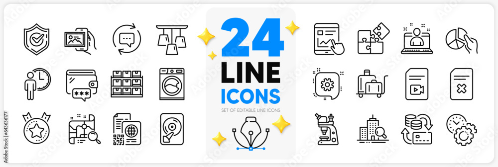 Icons set of Internet report, Ceiling lamp and Update comments line icons pack for app with Storage, Ranking star, Puzzle thin outline icon. Best manager, Money change, Microscope pictogram. Vector