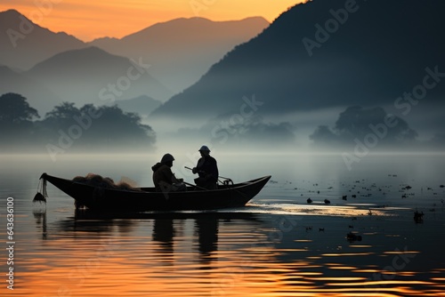 Dawn Over the Mountains: Serene Landscape with an Asian Fishing Boat