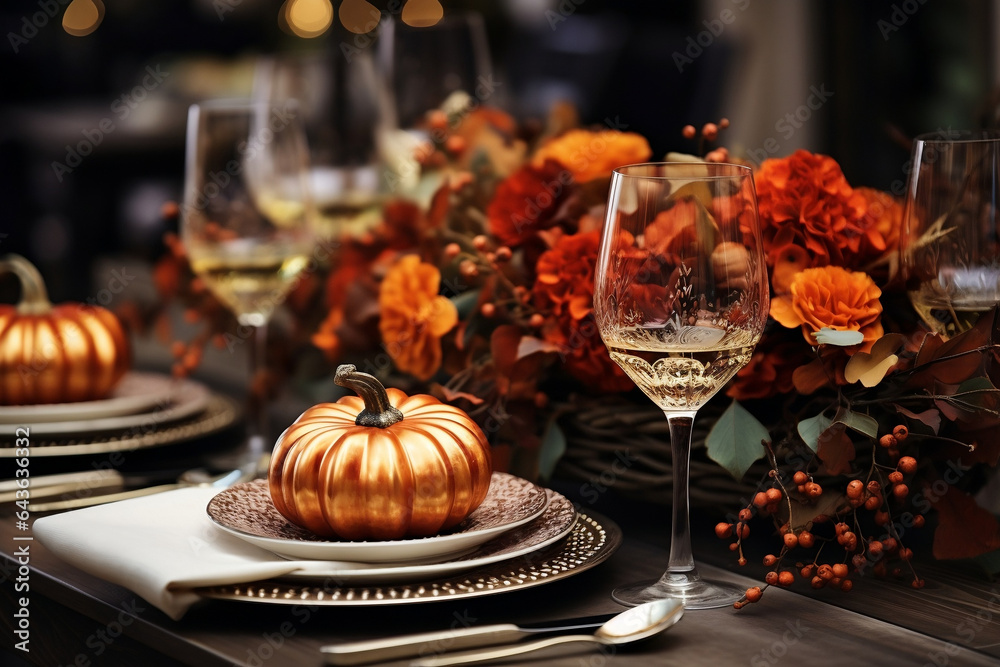 Autumn Elegance, A Contemporary Table Setting for Fall Holidays, Thanksgiving, Halloween, and Weddings with Pumpkins and Autumn Leaves Autumn Elegance, A Contemporary Table Setting for Fall Holidays, Thanksgiving, Halloween, and Weddings with Pumpkins and Autumn Leaves