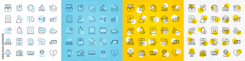 Vector icons set of Internet, Refer friend and Broken heart line icons pack for web with Loyalty ticket, Refill water, Hospital outline icon. Home moving, Fastpass, Online voting pictogram. Vector