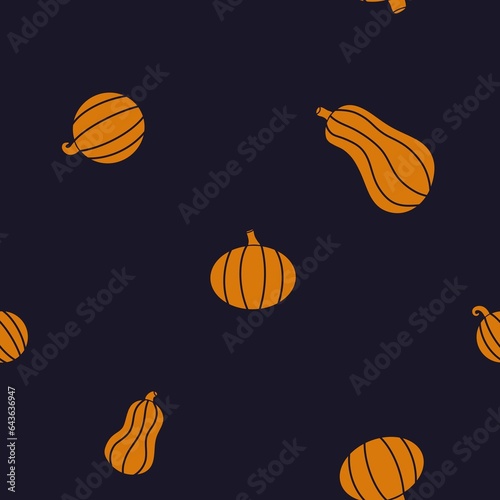 Seamless pattern of cute cartoon pumpkins on dark blue background. For wallpapers  wrapping paper  textile  fabric  polygraphy  clothing prints  any Halloween-related supplies and decor